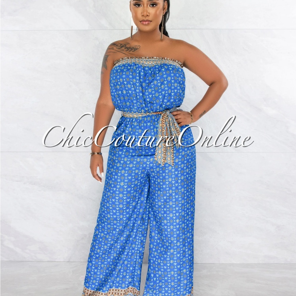 Blue Strapless Jumpsuit